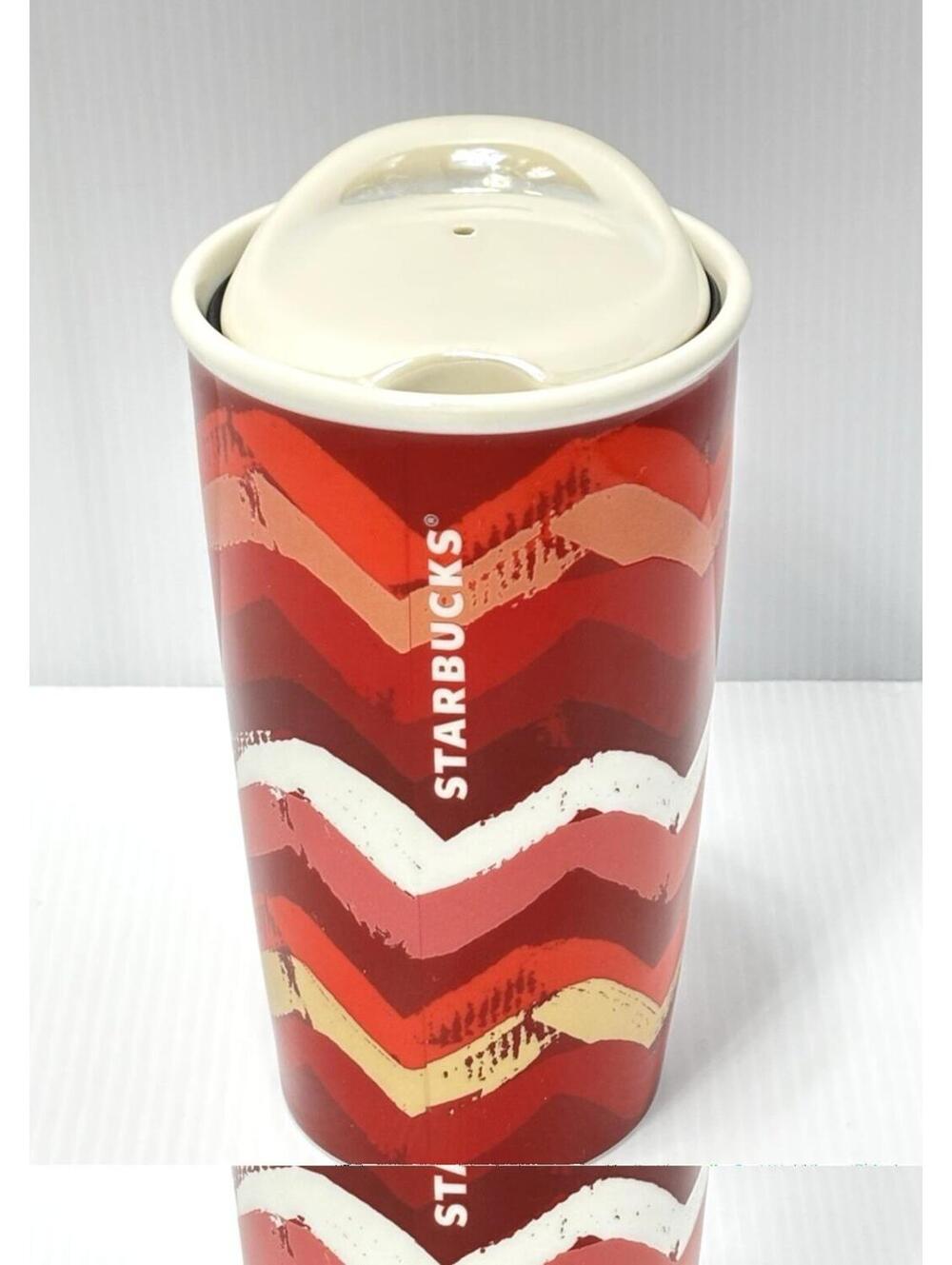 Starbucks Red Chevron Travel Mug Ceramic Coffee Cup White Lid Preowned